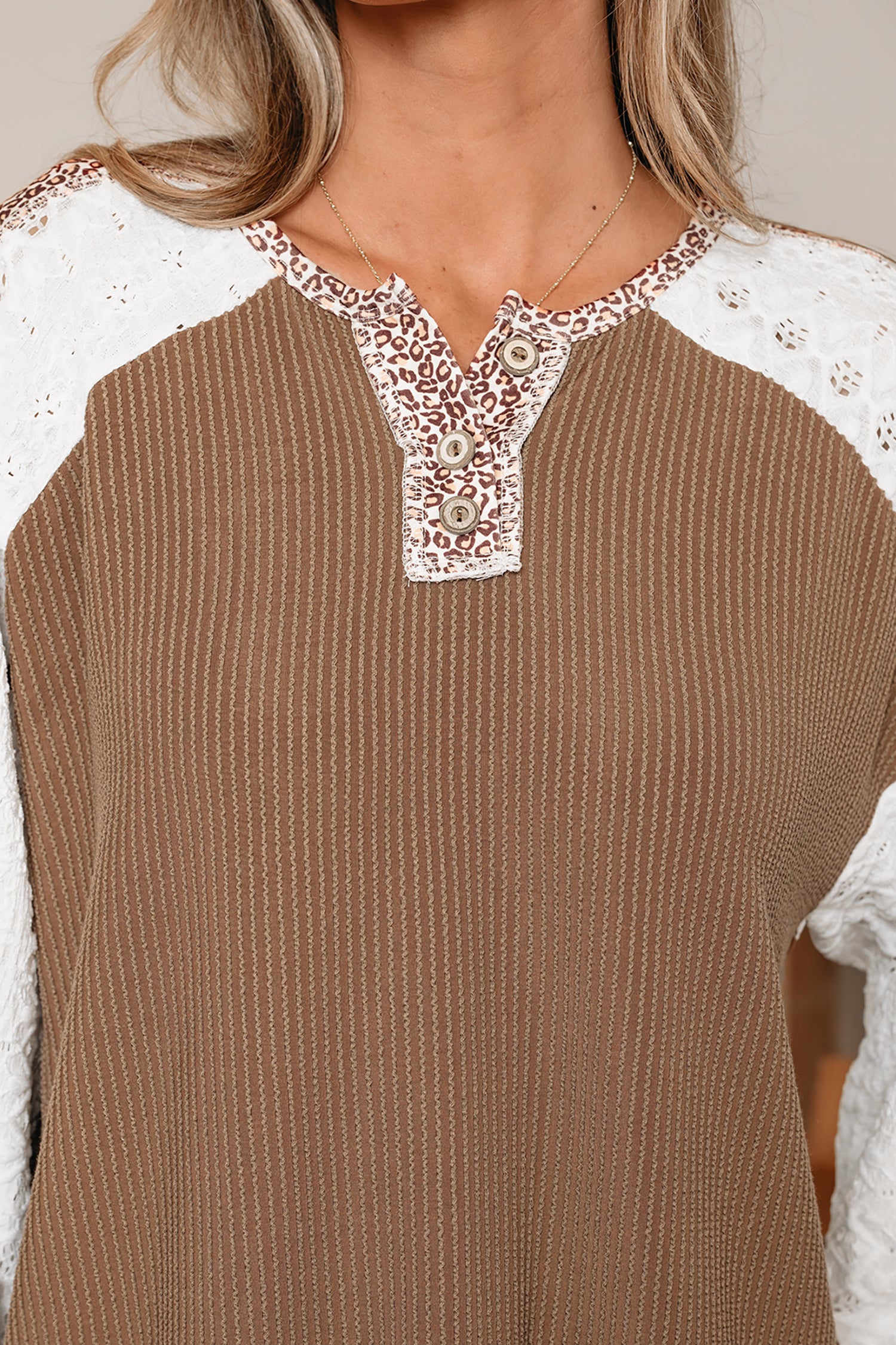 Dark Khaki Twisted Ribbed Leopard Lace Contrast Patchwork Long Sleeve Top