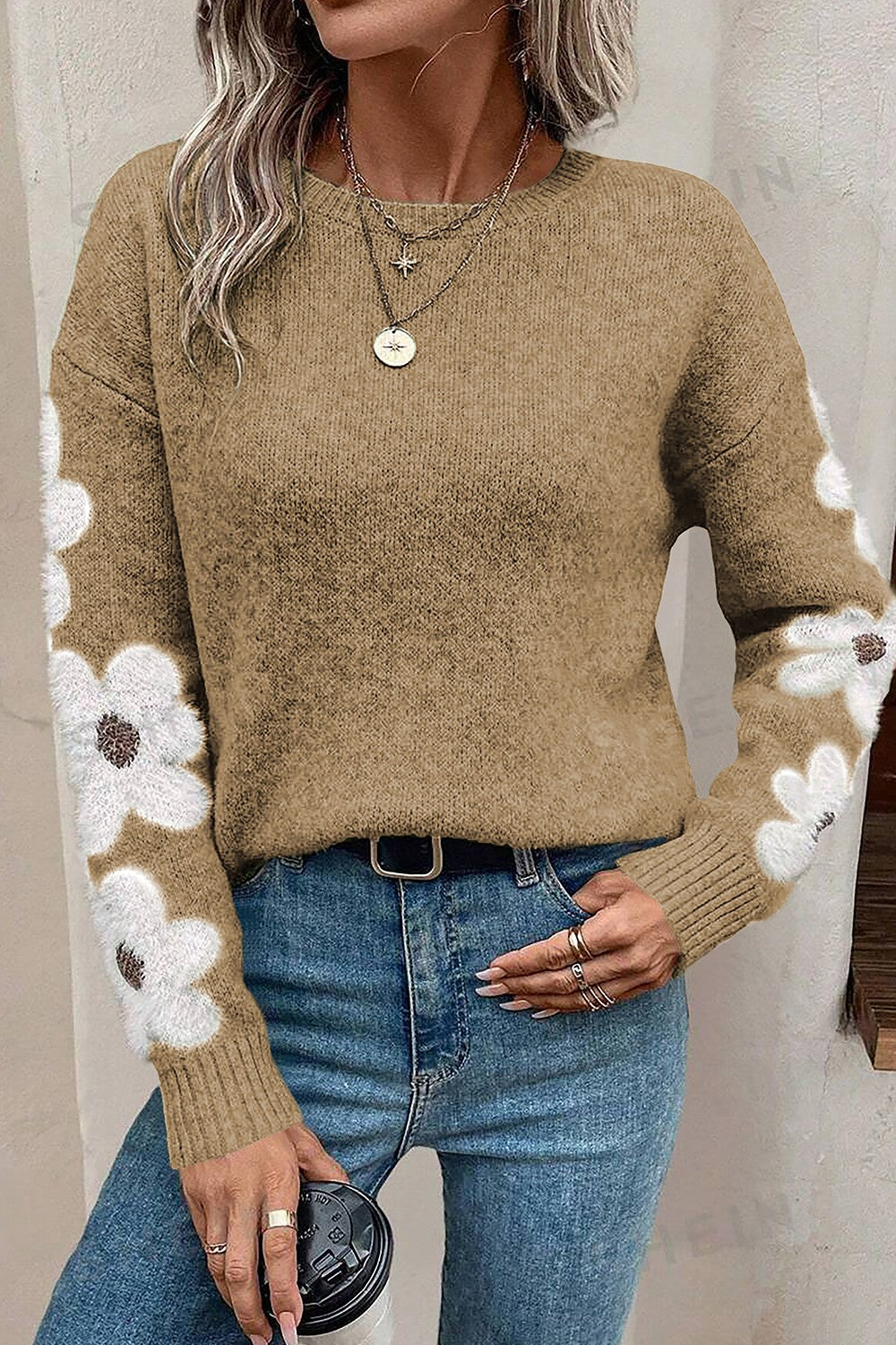 Flower Round Neck Long Sleeve Sweater