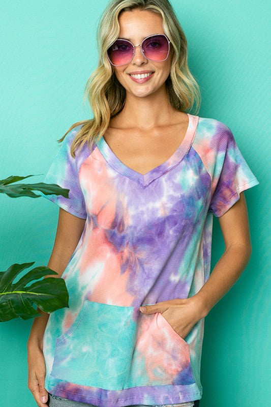 TIE DYE THERMAL V NECK TOP