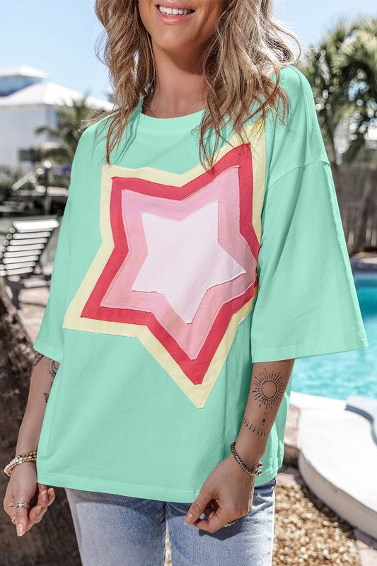 Colorblock Star Patched Half Sleeve Oversized Tee