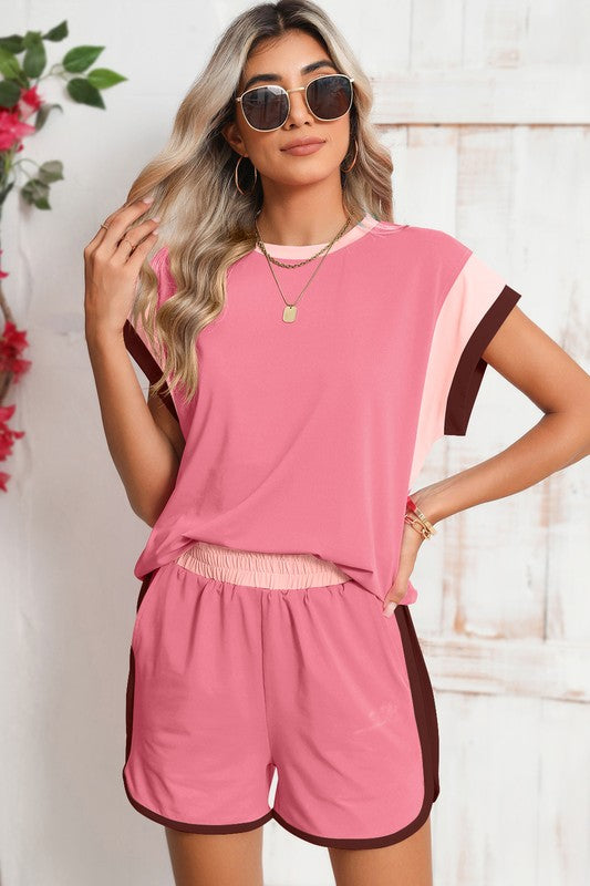 Contrast Trim Cap Sleeve Tee Shorts Set