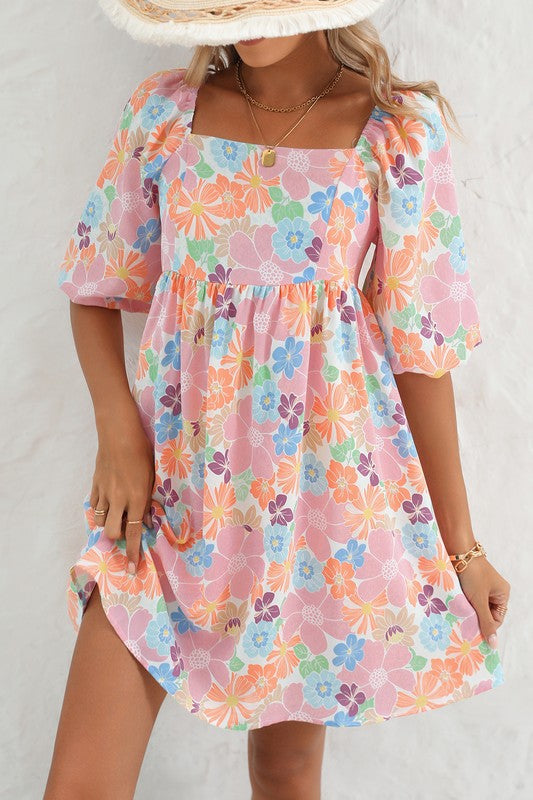 Floral Square Neck Puff Sleeve Babydoll Dress