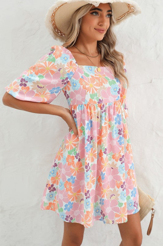 Floral Square Neck Puff Sleeve Babydoll Dress