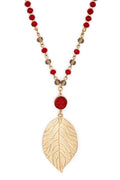 Textured Leaf Pendant Long Crystal Necklace
