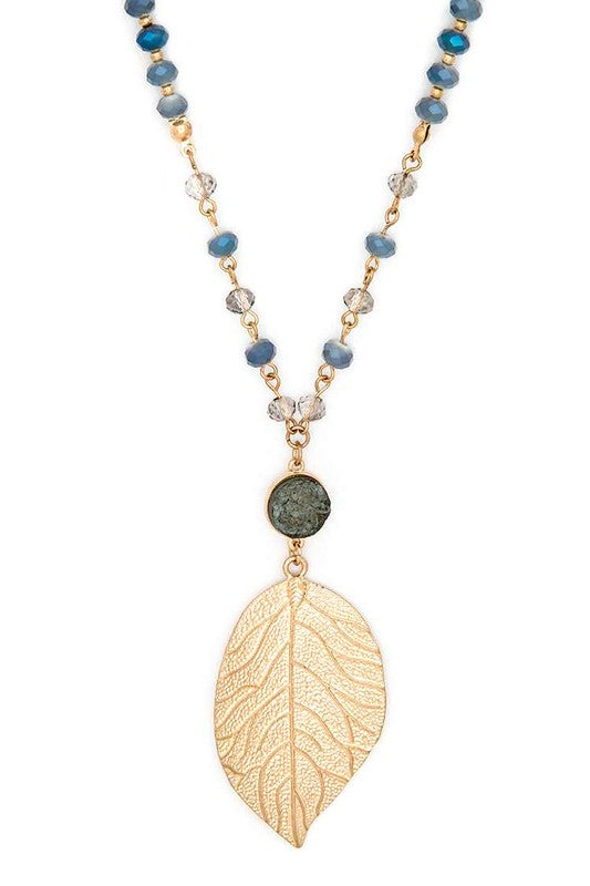 Textured Leaf Pendant Long Crystal Necklace