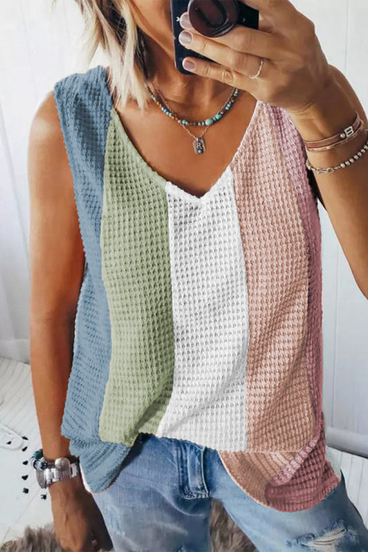 Color Block V-Neck Waffle Knit Tank Top