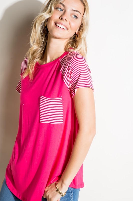 PLUS SOLID STRIPE MIX POCKET TOP