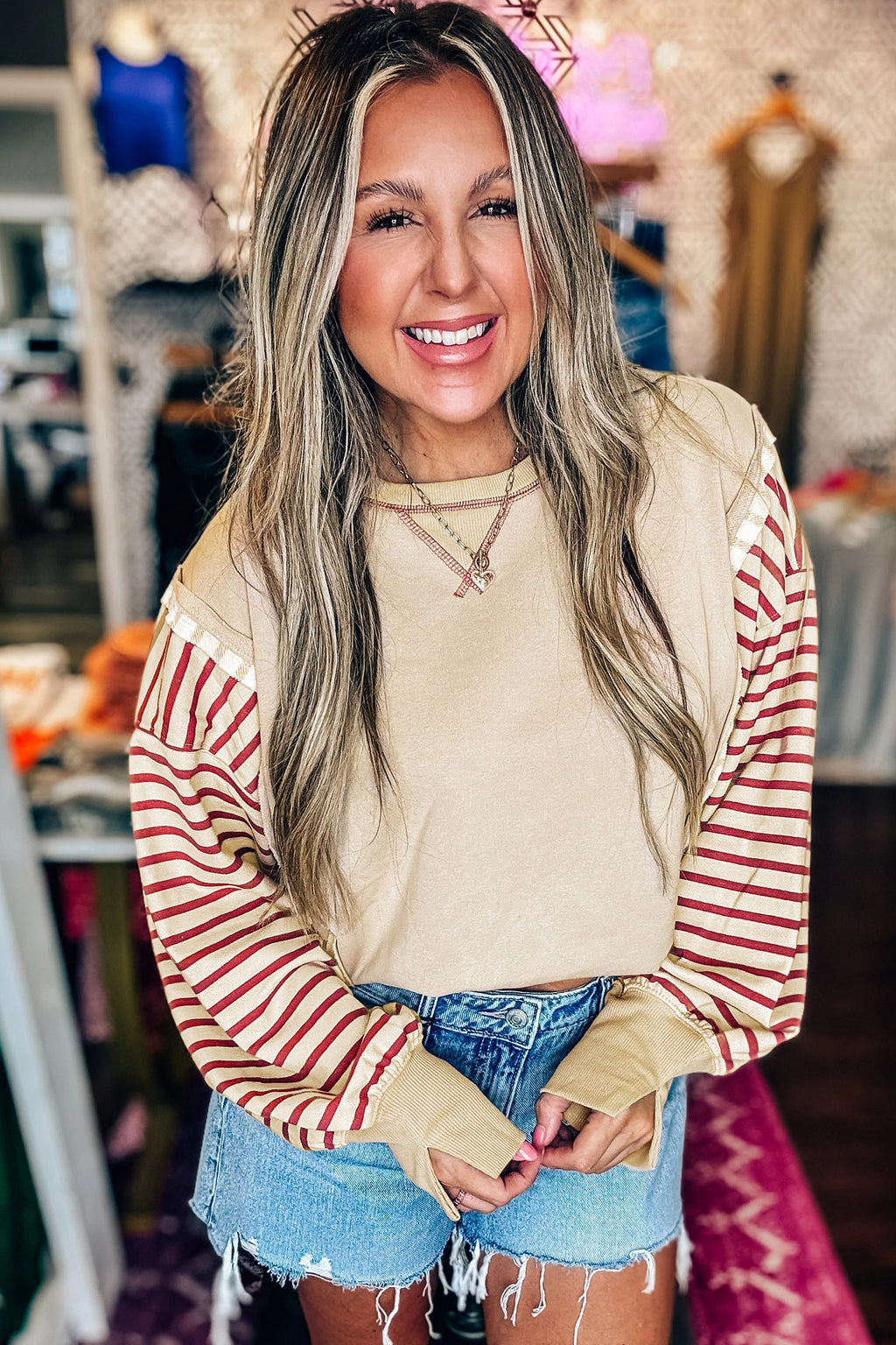 Red Stripe Sleeve Patchwork Casual Knit Top