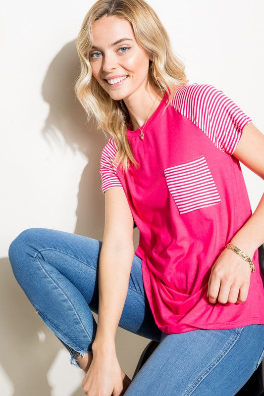 PLUS SOLID STRIPE MIX POCKET TOP