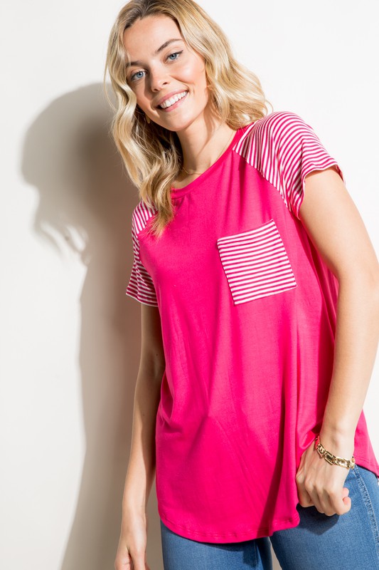 PLUS SOLID STRIPE MIX POCKET TOP