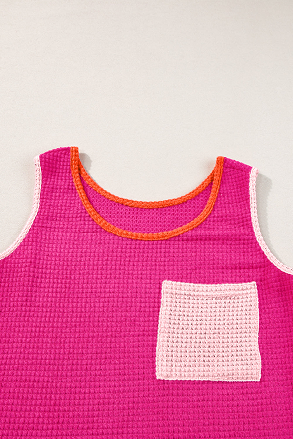 Rose Red Color Block Patched Pocket Breathable Knit Tank Top