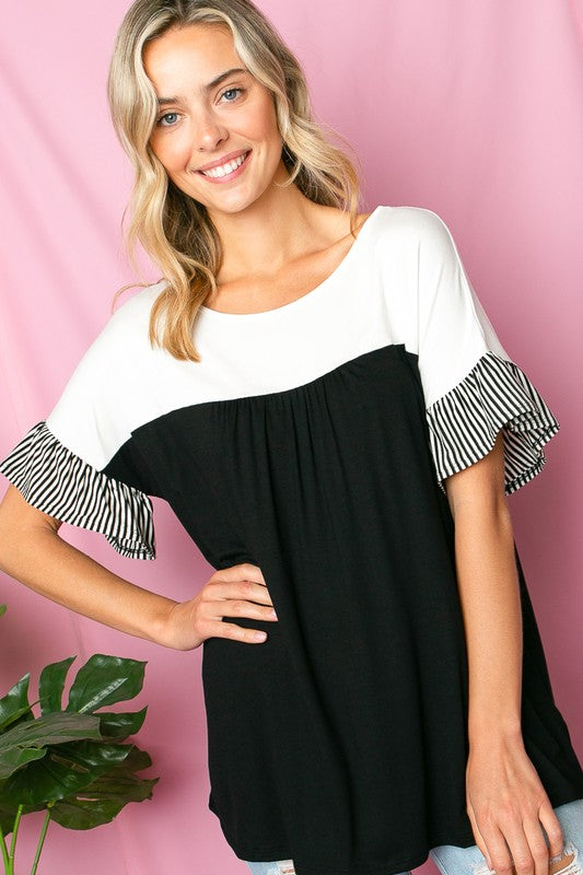 PLUS SOLID STRIPE BABY DOLL TOP