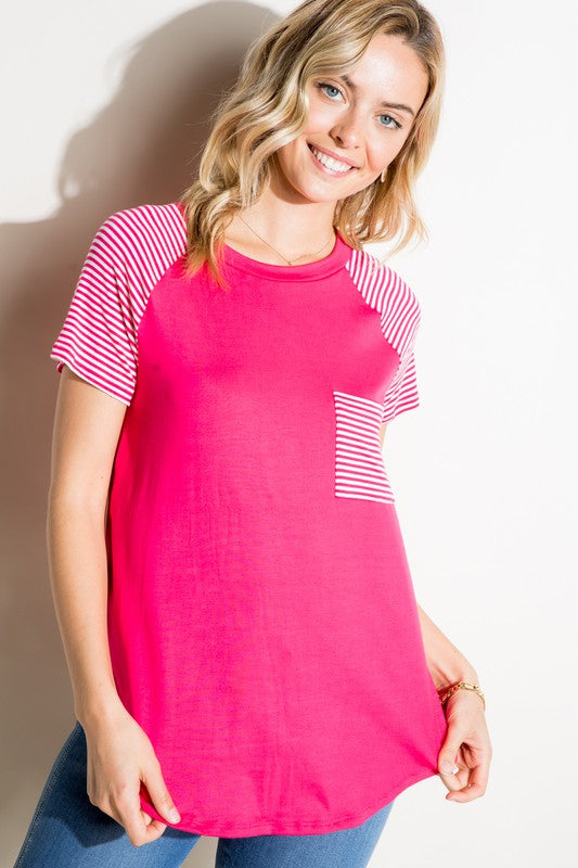 PLUS SOLID STRIPE MIX POCKET TOP