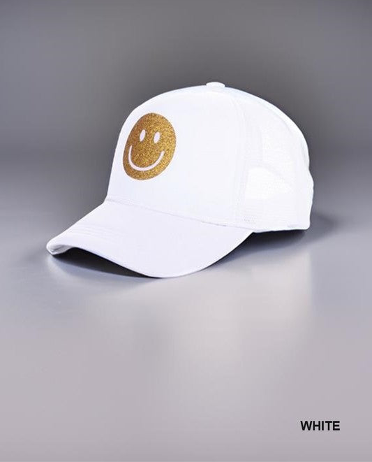 BE HAPPY GLITTER TRUCKER HAT