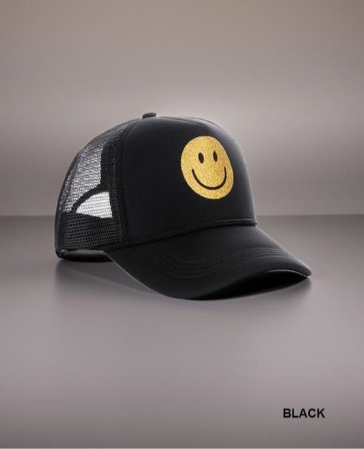 BE HAPPY GLITTER TRUCKER HAT