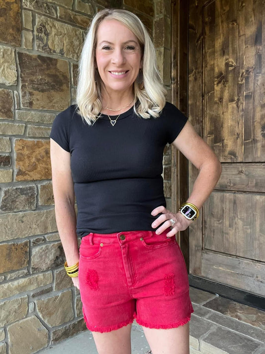 Red Washed Denim Shorts