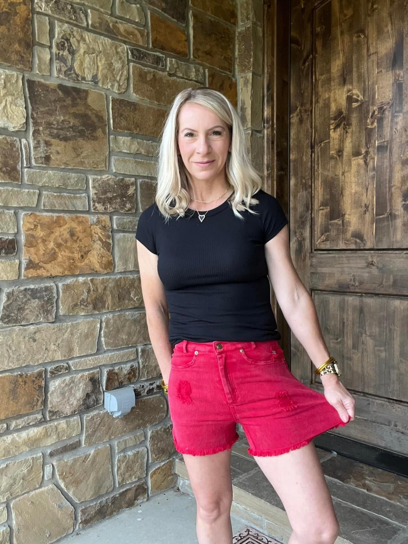 Red Washed Denim Shorts