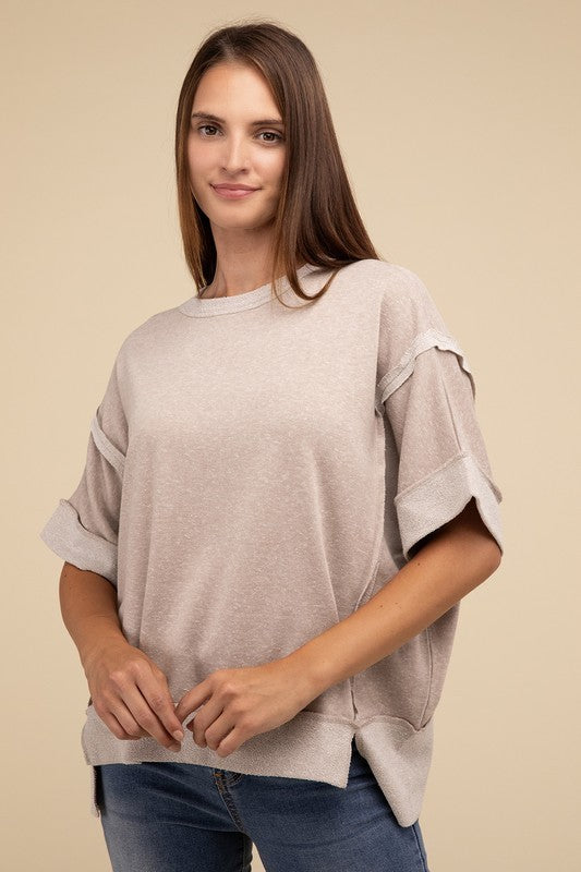 Contrast Trim Top Stitching Drop Shoulder Top