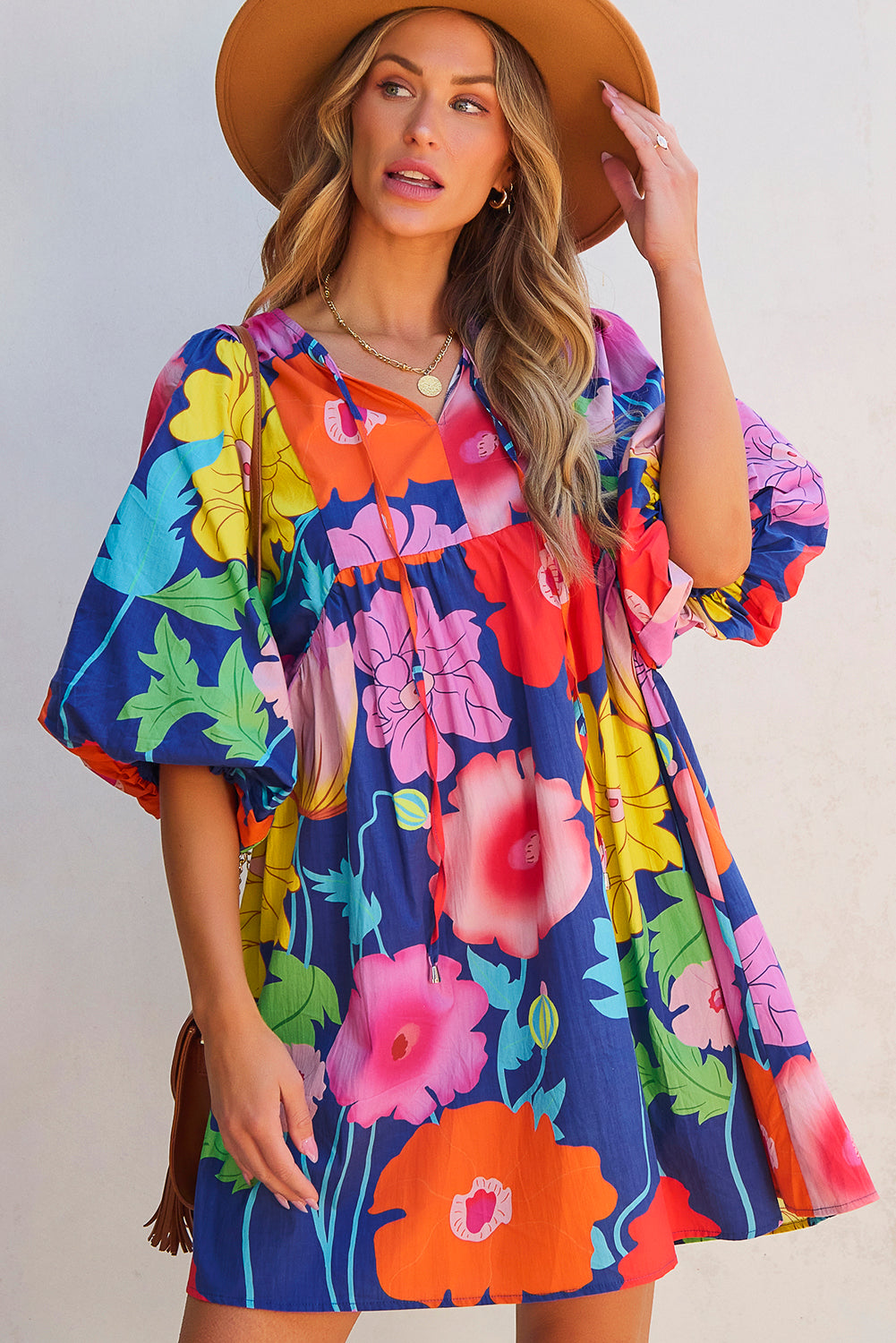 Dark Blue Floral Print Split Neck Babydoll Dress