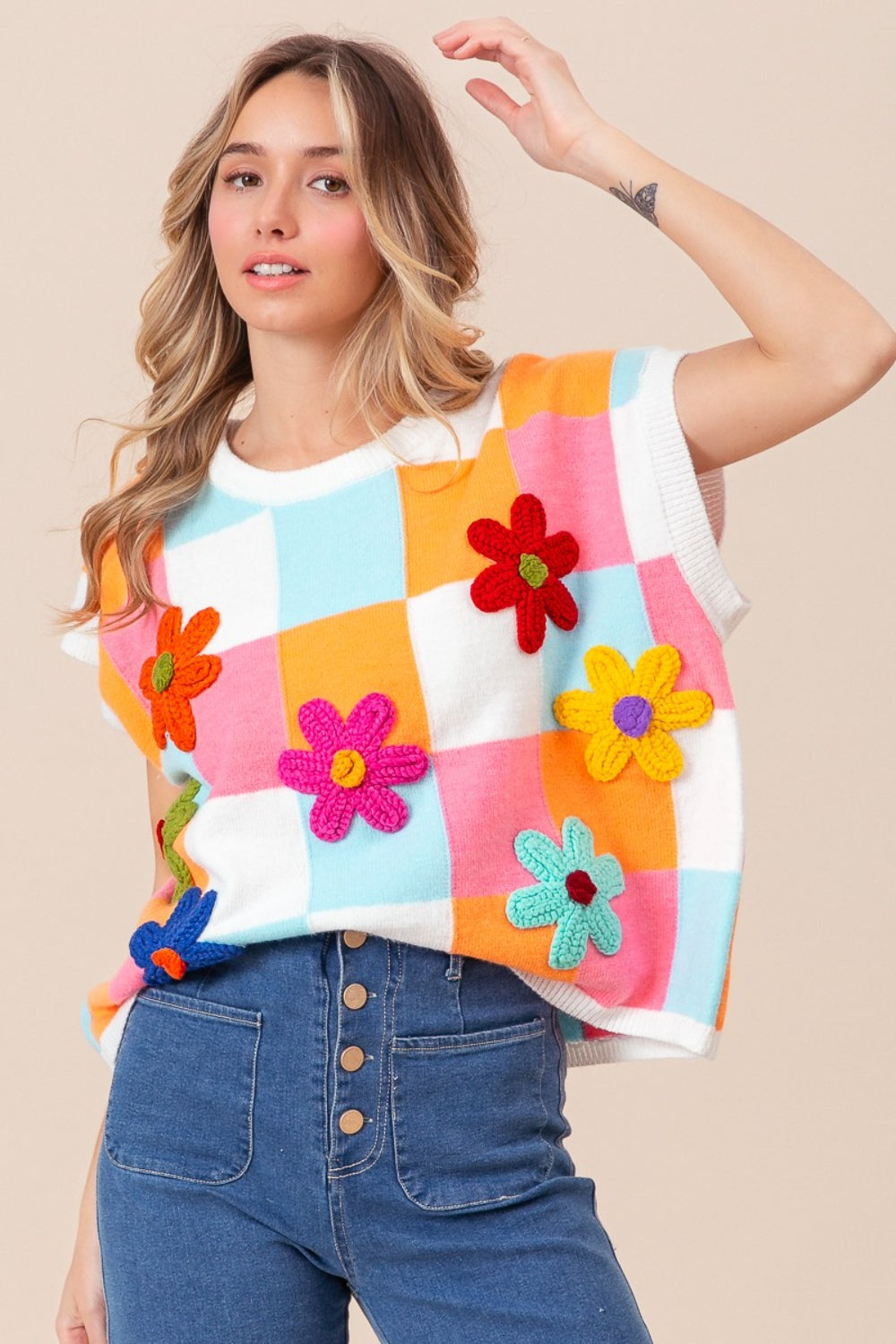 BiBi Flower Patch Checkered Sweater Vest