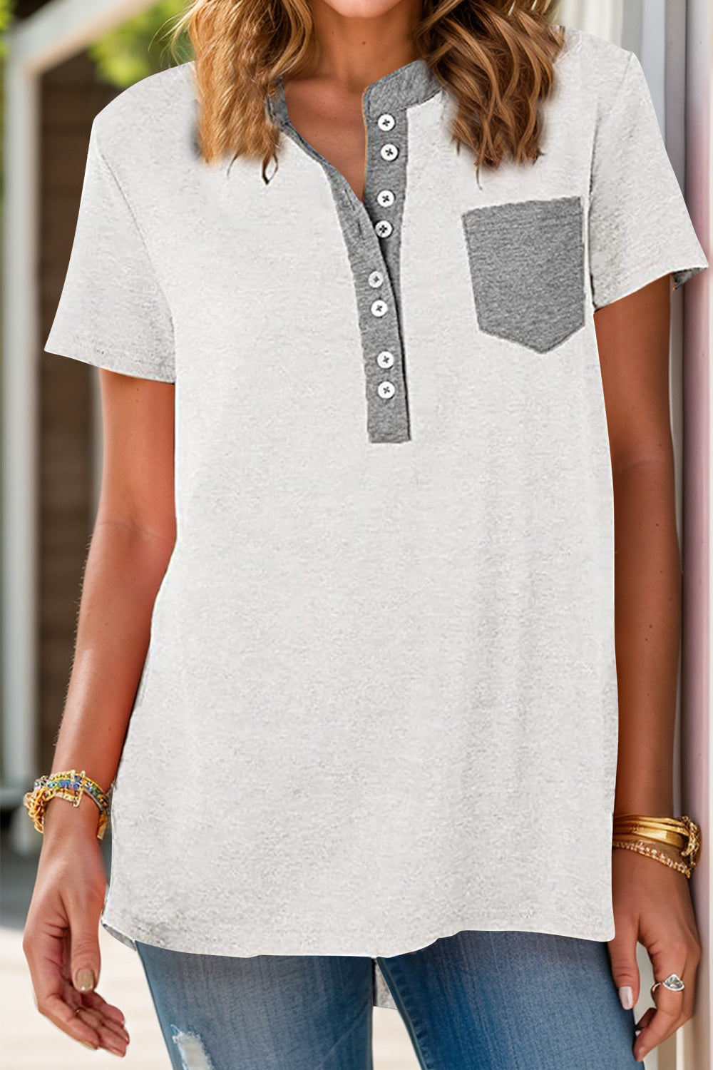 Full Size Half Button Short Sleeve T-Shirt