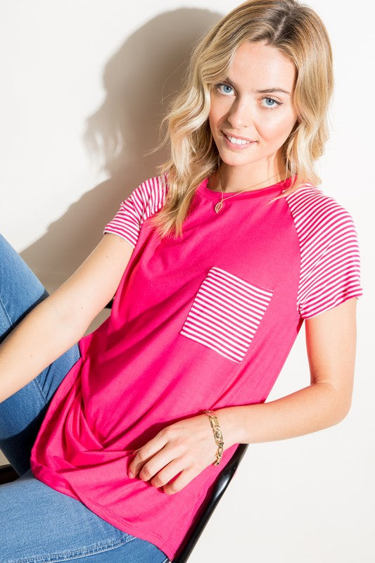 PLUS SOLID STRIPE MIX POCKET TOP